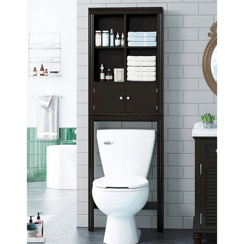 Badezimmerregal über der Toilette mit 4 offenen Fächern und einem Schrank
