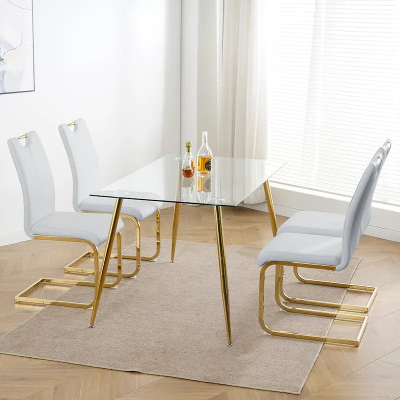 Set aus 4 modernen Esszimmerstühlen mit gepolstertem Sitz aus Kunstleder und goldenen Metallbeinen