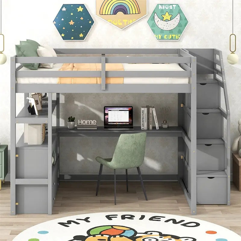 Etagenbett mit Schreibtisch, Regalen, Treppe und Schubladen