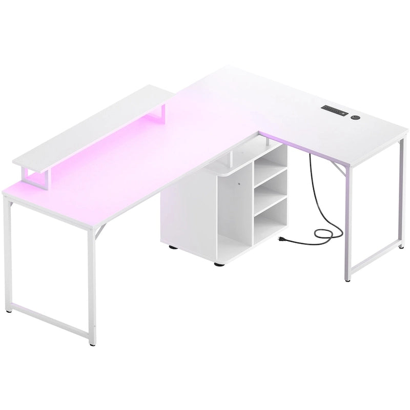 58.3 L-förmiger Gaming-Schreibtisch mit Aufbewahrungswürfel, Computertisch für das Büro mit USB-Anschlüssen und LED-Beleuchtung