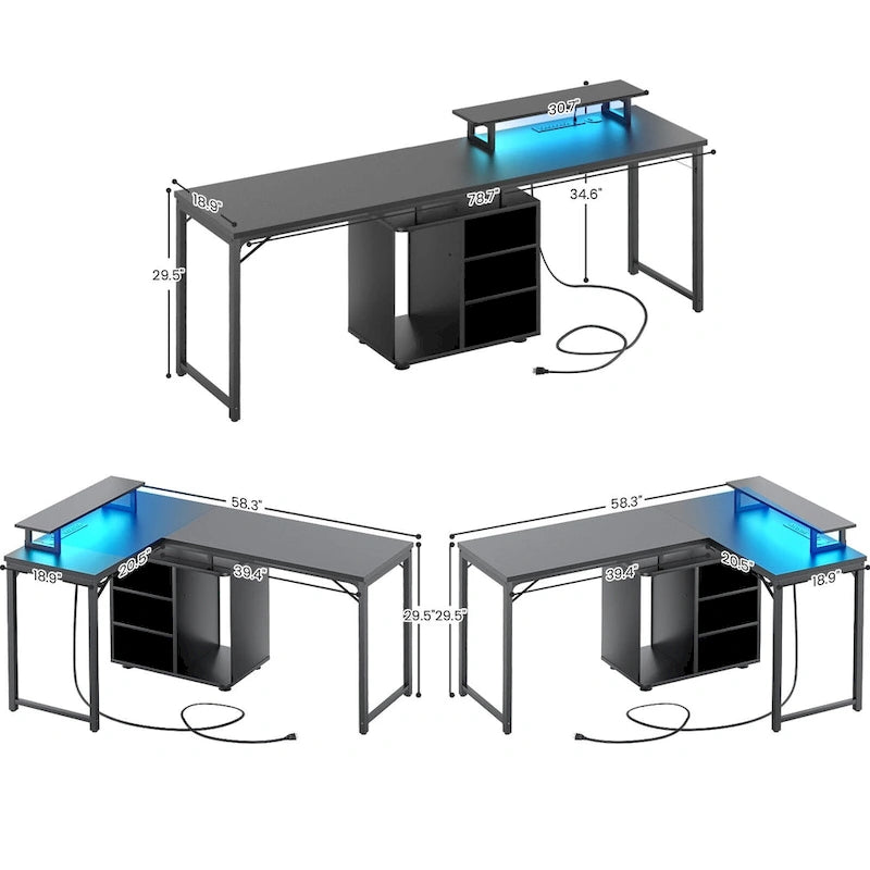 58.3 L-förmiger Gaming-Schreibtisch mit Aufbewahrungswürfel, Computertisch für das Büro mit USB-Anschlüssen und LED-Beleuchtung