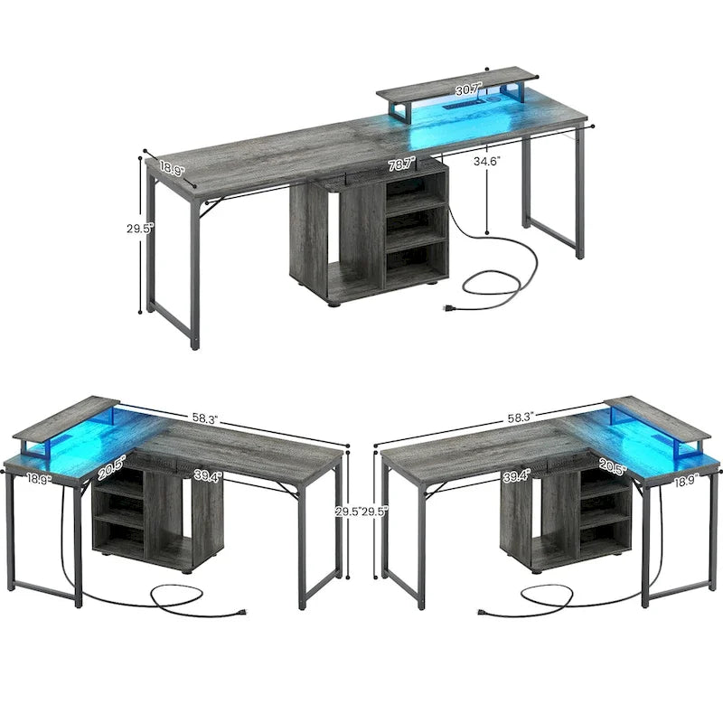 58.3 L-förmiger Gaming-Schreibtisch mit Aufbewahrungswürfel, Computertisch für das Büro mit USB-Anschlüssen und LED-Beleuchtung
